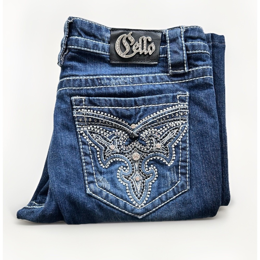 CELLO Jeans Slim Bootcut Rhinestone Pocket Jeans Low Rise Bejeweled Y2K Sz 13